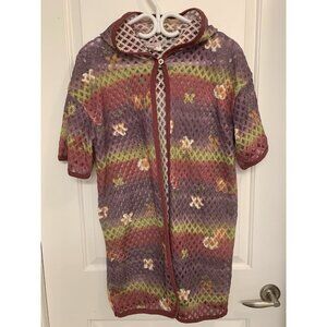 Open‎ Knit Cardigan Women’s Medium Short Sleeve Coverup With Hood Floral Crochet
